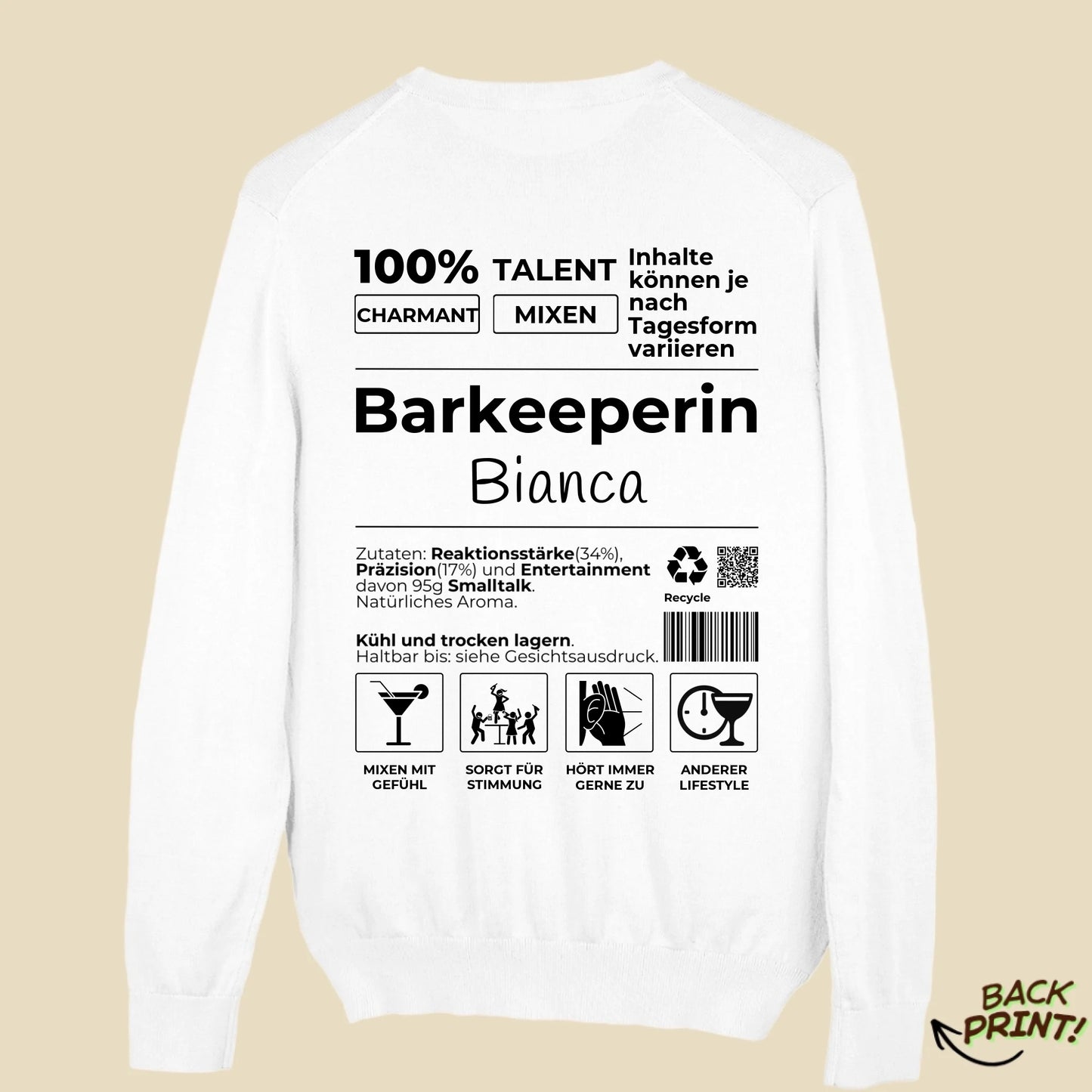 Personalisierter "Barkeeperin" Sweater